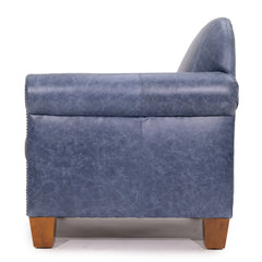 Hamilton accent arm chair by Zentique with denim top grain leather upholstery and wooden legs, stylish and comfortable seating.