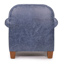 Hamilton accent arm chair with denim top grain leather upholstery and wooden legs by Zentique, featuring a stylish and comfortable design.