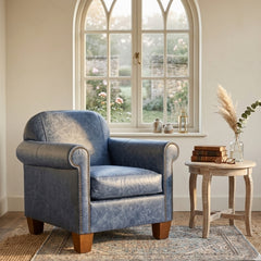Zentique Hamilton arm chair with denim fabric and top grain leather upholstery, modern accent chair with wooden legs.