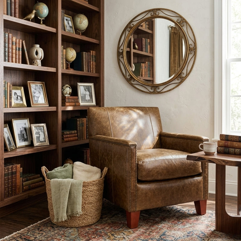 Larry Arm Chair wigwam style accent chair by Zentique with top grain leather upholstery and wooden legs.