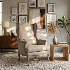 Elegant Leon Wingback Accent Chair by Zentique with plush upholstery and wooden legs, perfect for sophisticated living spaces.