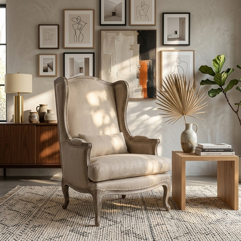 Elegant Leon Wingback Accent Chair by Zentique with plush upholstery and wooden legs, perfect for sophisticated living spaces.