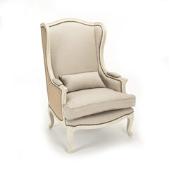 Zentique Leon wingback accent chair with pine wood frame, upholstered in neutral fabric, showcasing elegant design and sturdy construction.