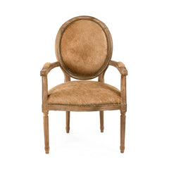 Zentique Medallion Cowhide Accent Arm Chair with ornate medallion pattern and sturdy wooden legs, stylish home decor piece.