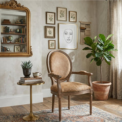 Zentique Medallion Cowhide Arm Chair, accent chair with stitched cowhide upholstery and wooden legs, stylish and comfortable seating piece.