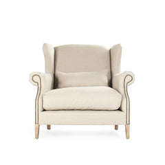 Napoleon half wingback accent chair by Zentique with plush fabric upholstery and elegant wooden legs.