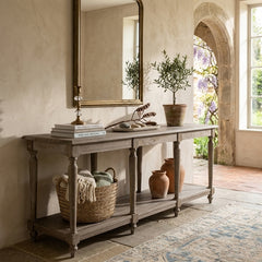Zentique Alsace Console Table Bench with wooden top and sturdy legs, ideal for entryways or living room decor.