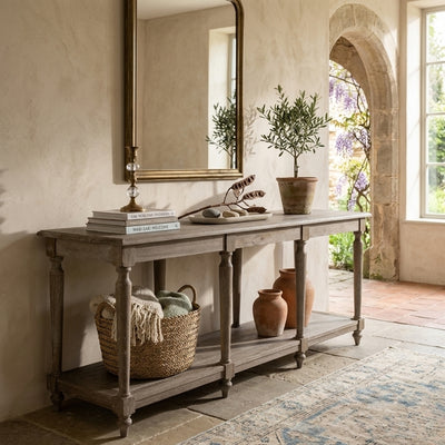 Zentique Alsace Console Table Bench with wooden top and sturdy legs, ideal for entryways or living room decor.
