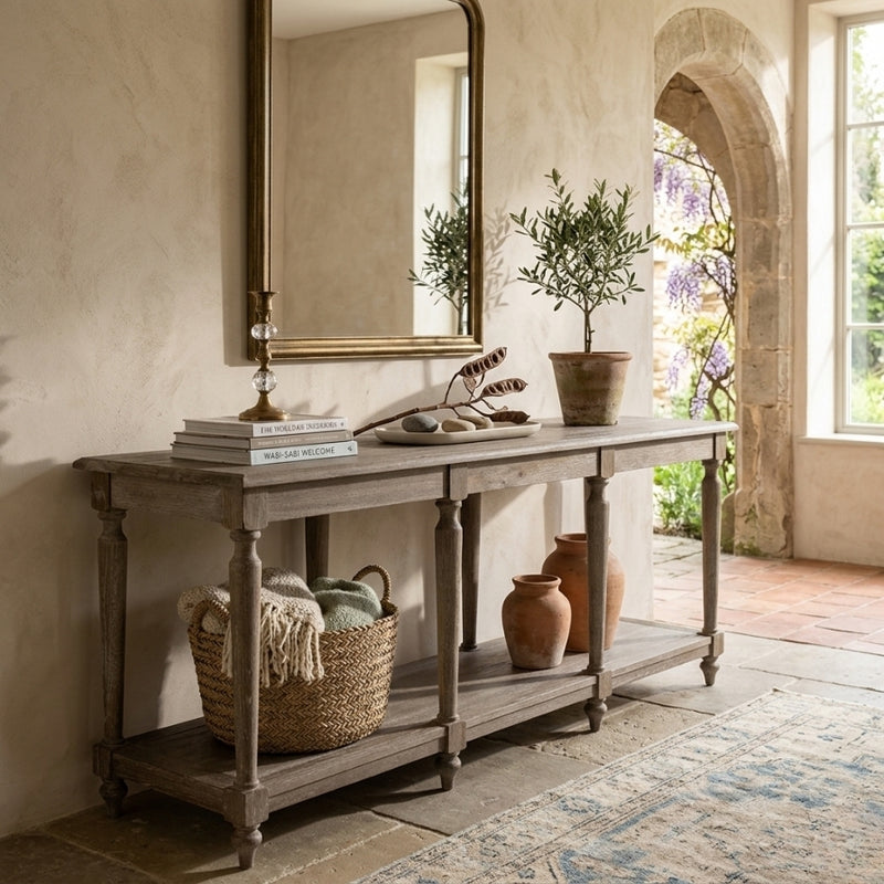 Zentique Alsace Console Table Bench with wooden top and sturdy legs, ideal for entryways or living room decor.