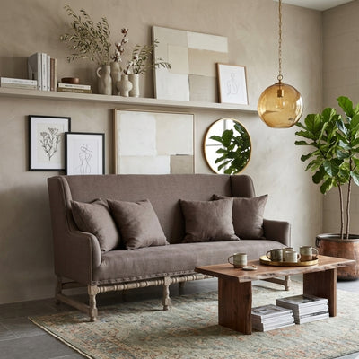 Zentique Aubert linen bench in aubergine color with wooden legs, featuring a cushioned seat and elegant design for living room or entryway.