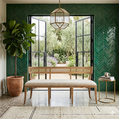 Carvell cane back bench by Zentique featuring a wooden frame and woven cane backrest, ideal for stylish seating in living spaces.