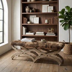 Zentique Cow Hide Bench CF163 E272 with natural cowhide upholstery and wooden legs, stylish and durable seating furniture.