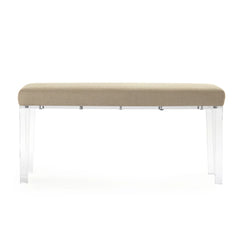 Blue striped Emma Bench by Zentique featuring wooden legs and cushioned seat for stylish seating in living rooms or entryways.