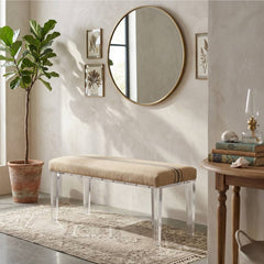 Blue striped Emma Bench by Zentique featuring a wooden frame and upholstered seat for stylish seating.