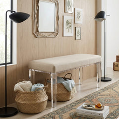 Emma Bench by Zentique featuring a wooden frame and upholstered seat, ideal for entryways or living room decor.
