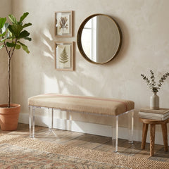 Red-striped Emma Bench by Zentique featuring wooden legs and upholstered seat for stylish home seating.