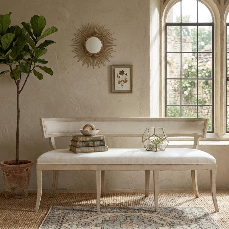 Lorand bench by Zentique featuring a wooden frame and upholstered seat, ideal for entryways or living room seating.