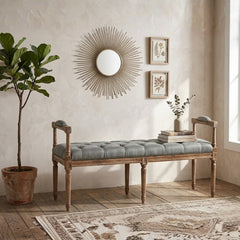 Nicolas tufted fabric bench by Zentique featuring a cushioned top and wooden legs, ideal for entryway or living room seating.