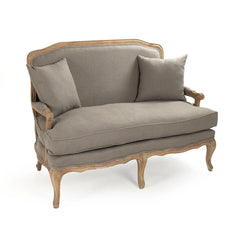 Oak wood Bastille Settee loveseat by Zentique featuring plush upholstered cushions and a classic, elegant design.