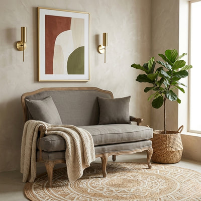 Zentique Bastille Settee loveseat with oak wood frame and upholstered seat, stylish and elegant seating for living rooms.