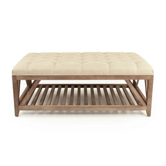 Mathis tufted ottoman by Zentique featuring plush fabric, tufted top, and wooden legs, ideal as a stylish footstool or accent piece.