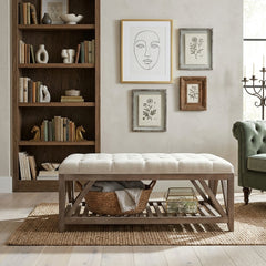 Mathis tufted ottoman by Zentique featuring a plush, upholstered design with button-tufted details and wooden legs.