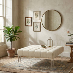 Raylen Ottoman by Zentique, a stylish fabric footstool with wooden legs, perfect for living room or bedroom decor.