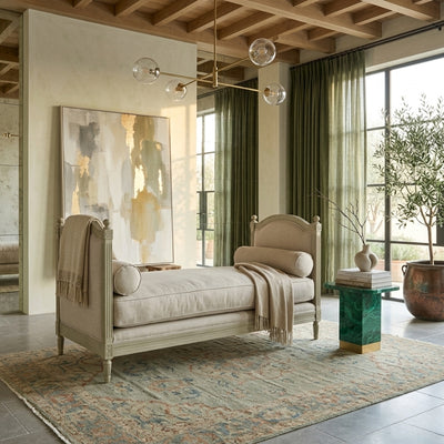 Grey oak outdoor Antoinette Daybed by Zentique with plush cushions and elegant design, perfect for outdoor relaxation.
