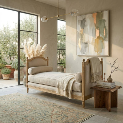 Natural oak outdoor Antoinette Daybed by Zentique featuring a stylish, sturdy design with plush cushions for outdoor relaxation.