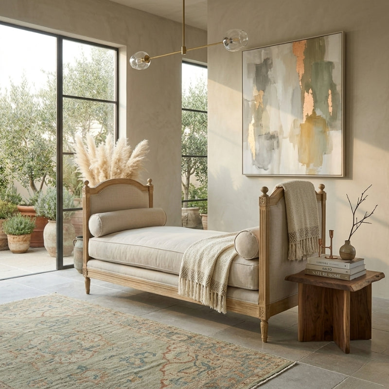 Natural oak outdoor Antoinette Daybed by Zentique featuring a stylish, sturdy design with plush cushions for outdoor relaxation.
