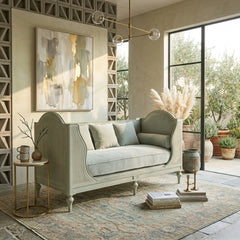 Light green outdoor Winni Daybed by Zentique with cushioned seating and wooden frame, perfect for relaxing outdoor spaces.