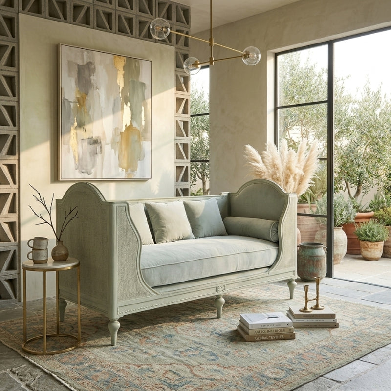 Light green outdoor Winni Daybed by Zentique with cushioned seating and wooden frame, perfect for relaxing outdoor spaces.