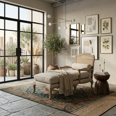 Zentique Bastille chaise lounge sofa with elegant tufted upholstery and curved wooden legs, showcasing a stylish and comfortable design.