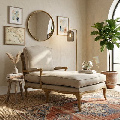Natural oak Bastille Chaise lounge sofa by Zentique, showcasing elegant wooden frame and plush upholstery for stylish comfort.