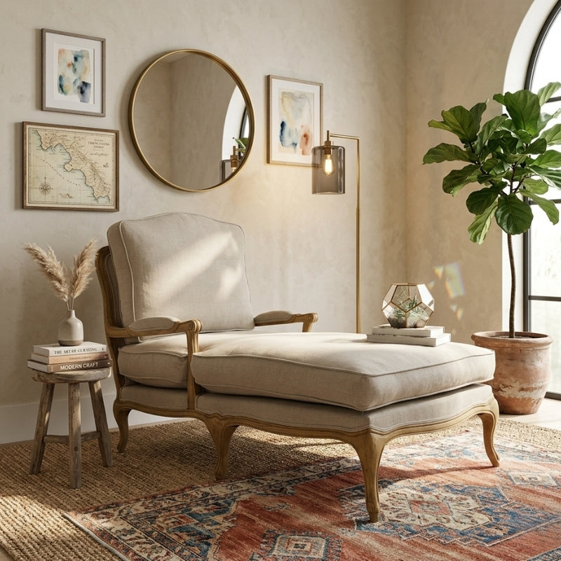 Natural oak Bastille Chaise lounge sofa by Zentique, showcasing elegant wooden frame and plush upholstery for stylish comfort.