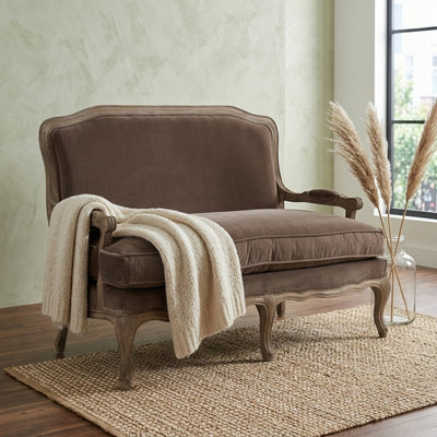 Zentique Bastille Settee sofa with elegant upholstered fabric and wooden legs, ideal for a stylish living room setting.