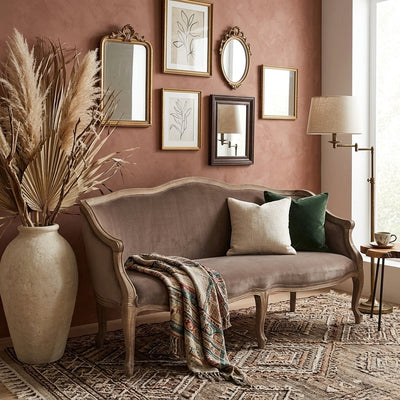 Zentique Benton Sofa Oak with plush velvet upholstery and sleek wooden legs, stylish and comfortable living room furniture.