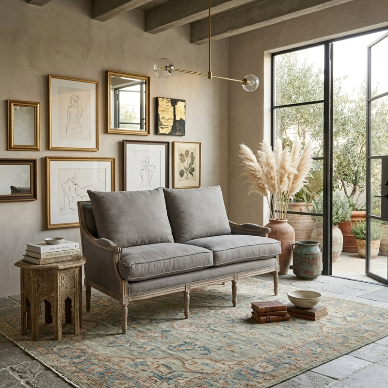 Louis Settee in limed grey oak by Zentique, stylish sofa with wooden frame and plush cushions, perfect for living room decor.