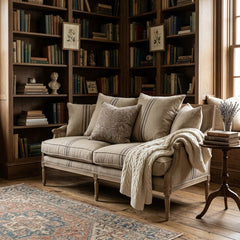 Blue striped Louis sofa by Zentique featuring elegant upholstery and classic design suitable for living rooms.