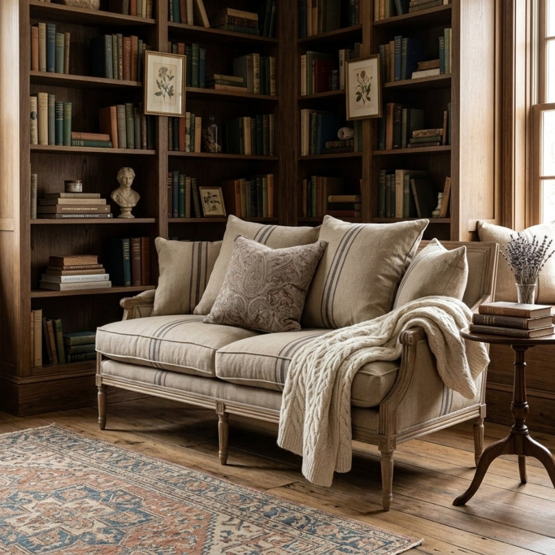 Blue striped Louis sofa by Zentique featuring elegant upholstery and classic design suitable for living rooms.