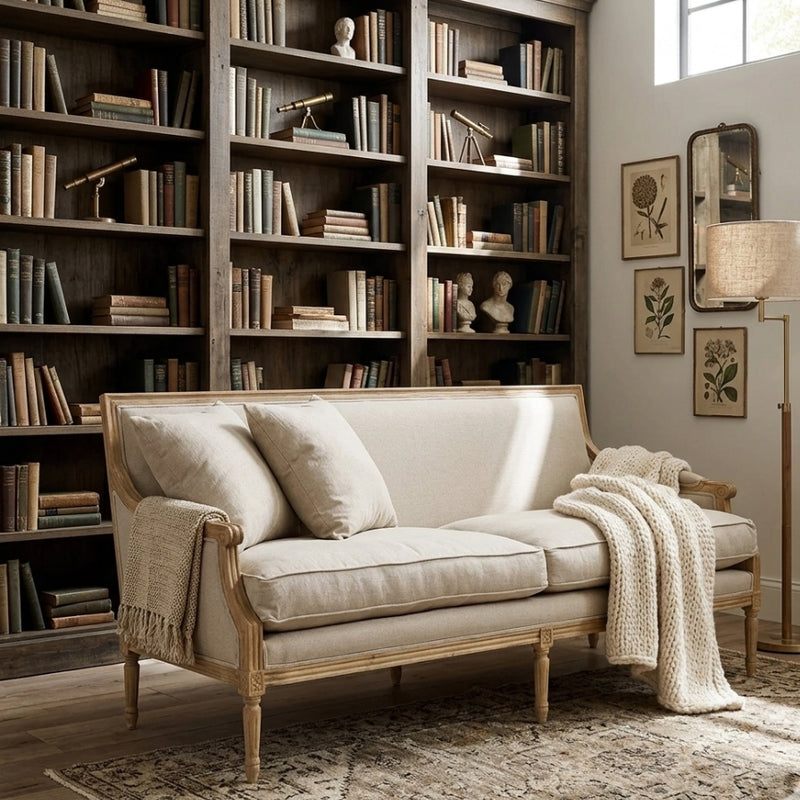 Louis Sofa in natural oak by Zentique, showcasing elegant wooden frame and plush upholstered cushions for stylish comfort.