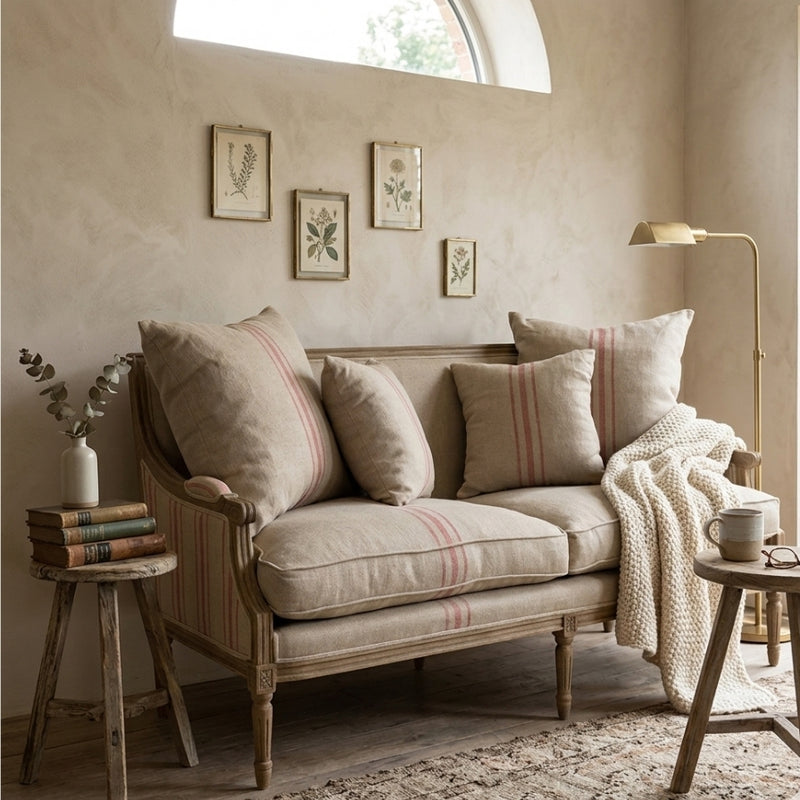 Red striped Louis sofa by Zentique with plush upholstery and elegant design for stylish living rooms.