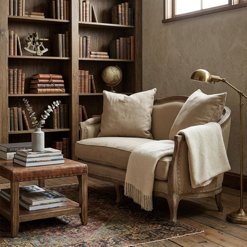 Maison Settee sofa by Zentique in hemp linen fabric, featuring a stylish, comfortable design with plush cushions and wooden legs.