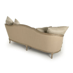Maison grey oak sofa by Zentique featuring a limed finish, upholstered in soft fabric with plush cushioning and elegant wooden legs.
