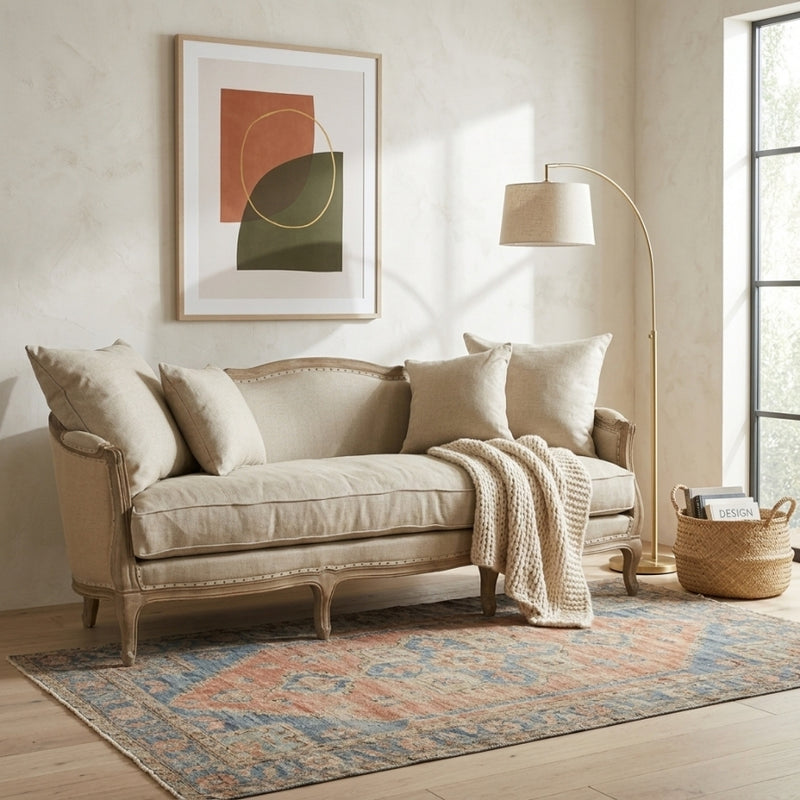 Maison sofa with limed grey oak frame by Zentique, showcasing a stylish upholstered seating and elegant wooden accents.