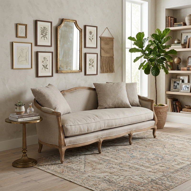 Maison Sofa in natural linen by Zentique featuring a modern design with plush cushions and wooden legs.