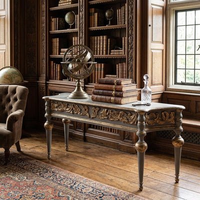 Zentique Adrian console table with a sleek wooden top and elegant metal legs, perfect for entryways or living rooms.