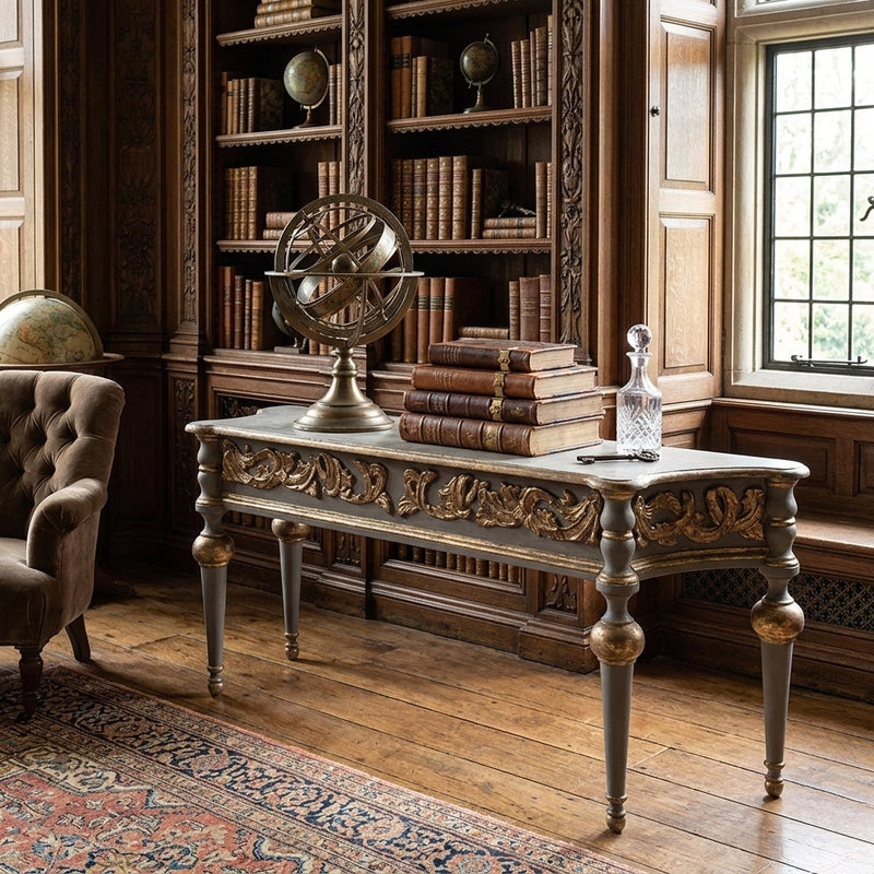 Zentique Adrian console table with a sleek wooden top and elegant metal legs, perfect for entryways or living rooms.