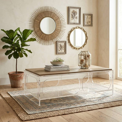 A sleek Alec acrylic coffee table by Zentique with clear, modern design, perfect for contemporary living room decor.