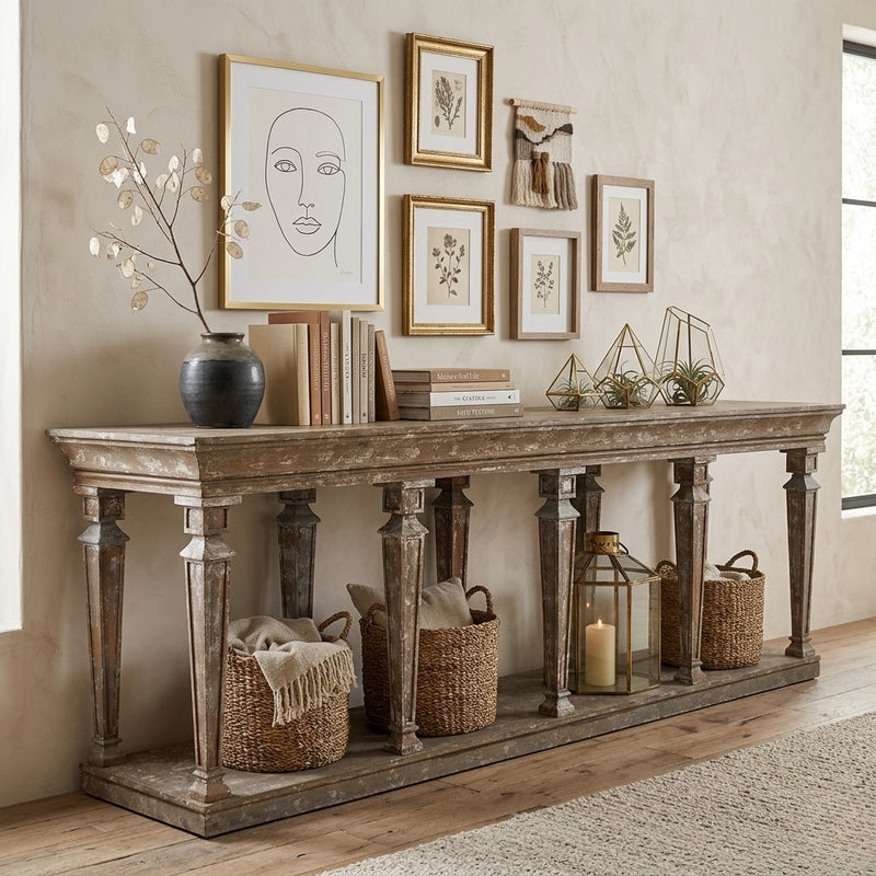Zentique Colin console table with elegant wooden top and slim metal legs, ideal for hallway or living room decor.